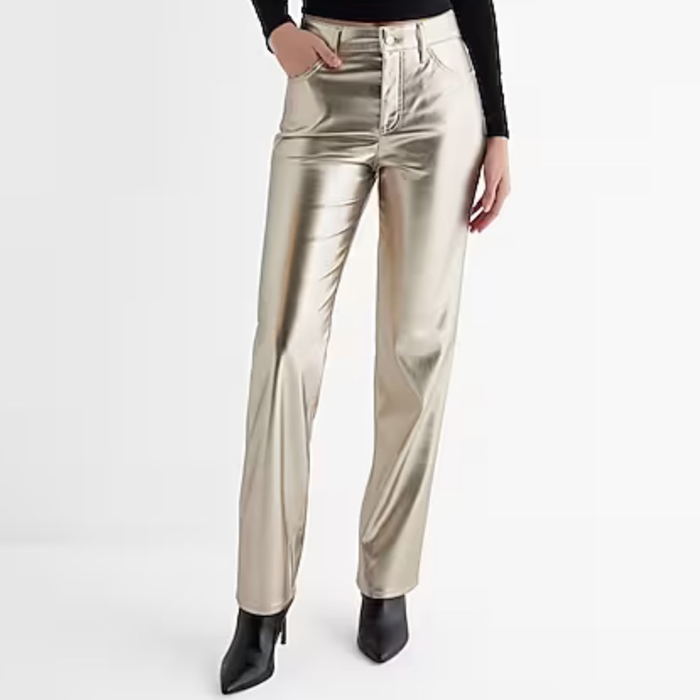 NWT Express High Waisted Metallic Faux Leather Modern Straight Pant 2 R Beige